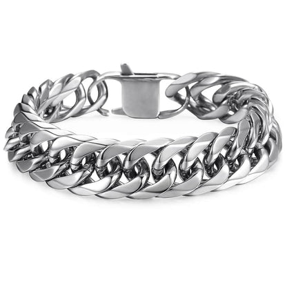 15mm Wide 8-Inch Curb Cuban Rombo Men's 316L Stainless Steel Chain Bracelet in Silver