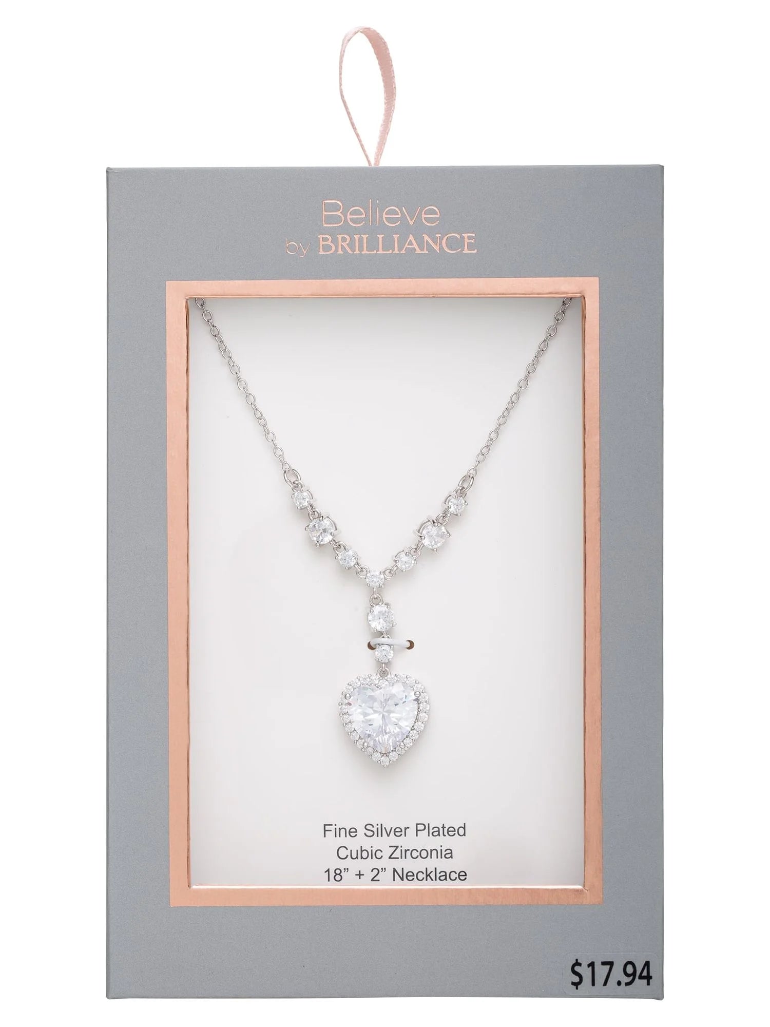 Women's 18-Inch Silver Plated Cubic Zirconia Heart Pendant Necklace