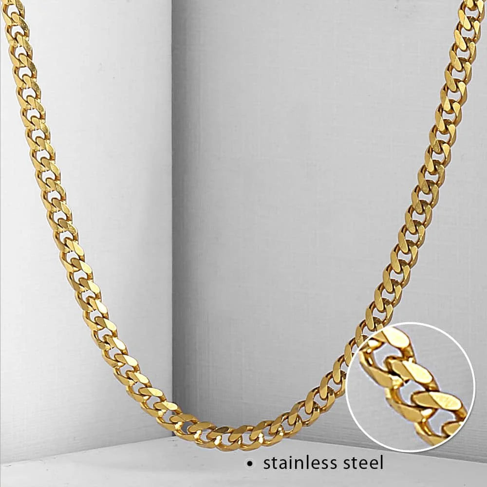 Stainless Steel 3mm Curb Cuban Link Chain Necklace in Gold, Available in 18 to 24 Inches