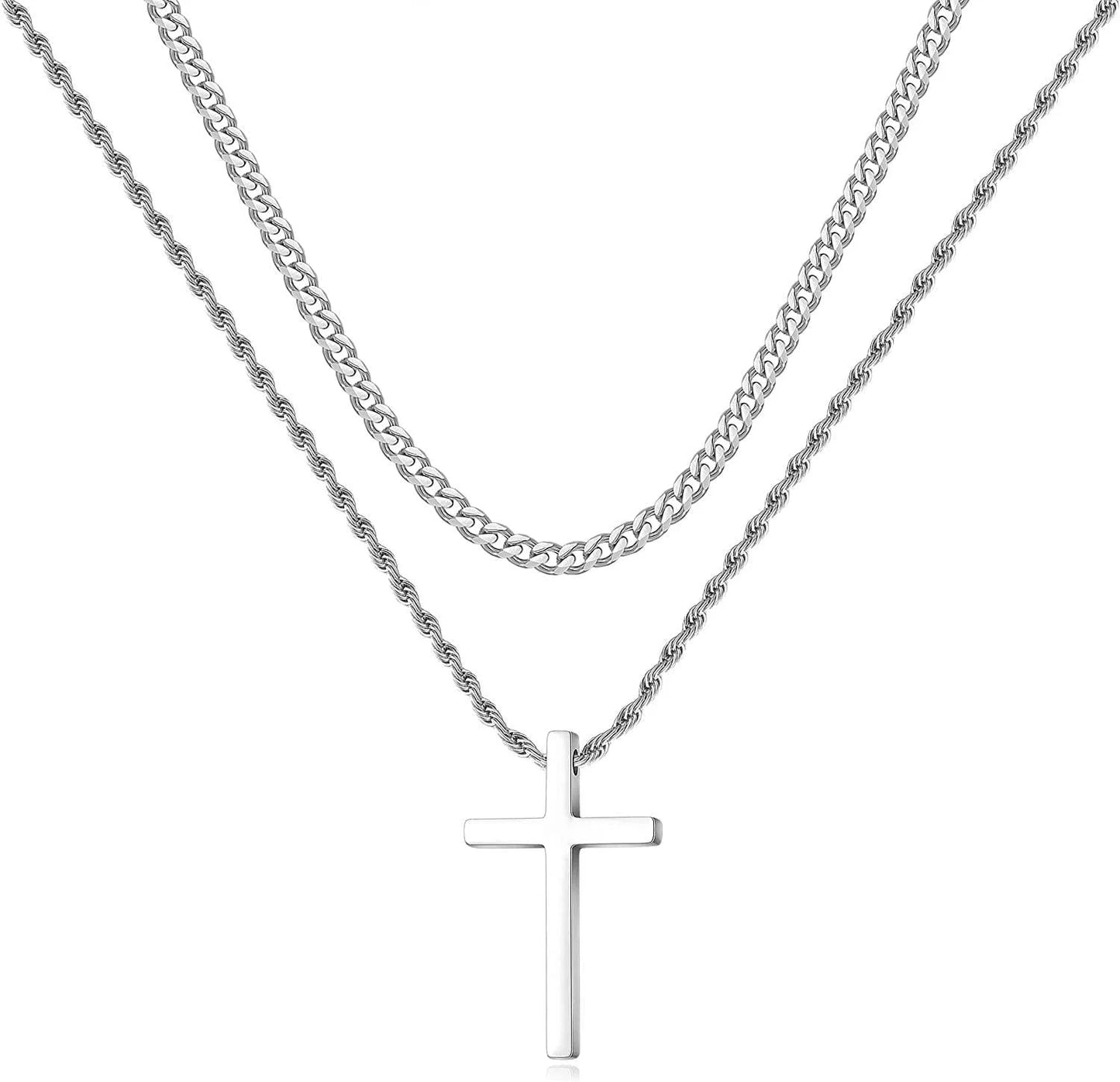 Men's Stainless Steel Cross Necklaces with Layered Cuban Link and Rope Chains, Available in Black, Silver, and Gold, Adjustable Lengths from 16 to 26 Inches