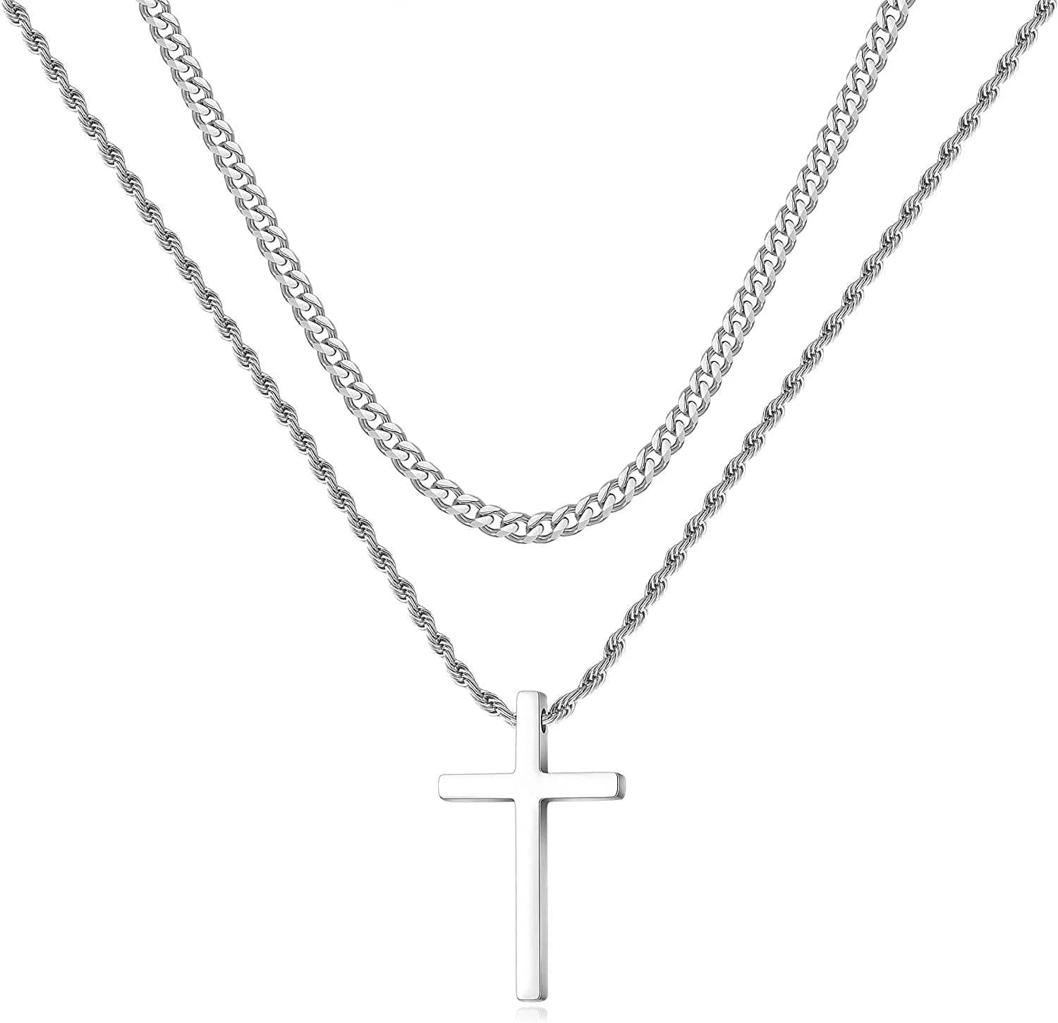 Men's Stainless Steel Cross Necklaces with Layered Cuban Link and Rope Chains, Available in Black, Silver, and Gold, Adjustable Lengths from 16 to 26 Inches