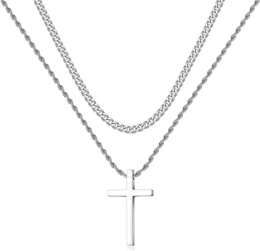 Men's Stainless Steel Cross Necklaces with Layered Cuban Link and Rope Chains, Available in Black, Silver, and Gold, Adjustable Lengths from 16 to 26 Inches