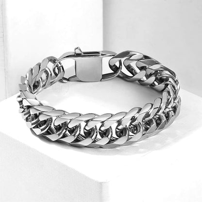 15mm Wide 8-Inch Curb Cuban Rombo Men's 316L Stainless Steel Chain Bracelet in Silver