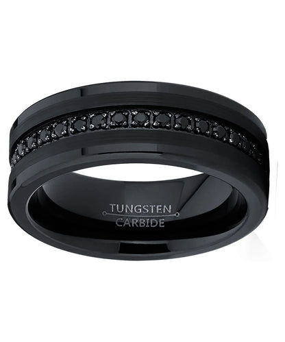 Men'S Genuine Tungsten Black Wedding Band Eternity Ring Cubic Zirconia Comfort-Fit