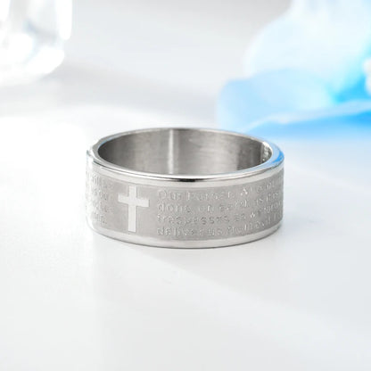 8mm Titanium Stainless Steel Lord's Prayer Ring for Men and Women - Christian Jewelry Featuring English Letters and Cross Design