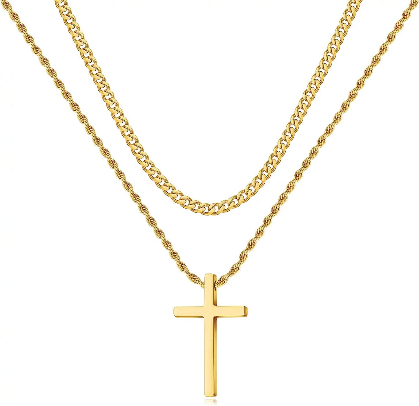 Men's Stainless Steel Cross Necklaces with Layered Cuban Link and Rope Chains, Available in Black, Silver, and Gold, 16-26 Inches