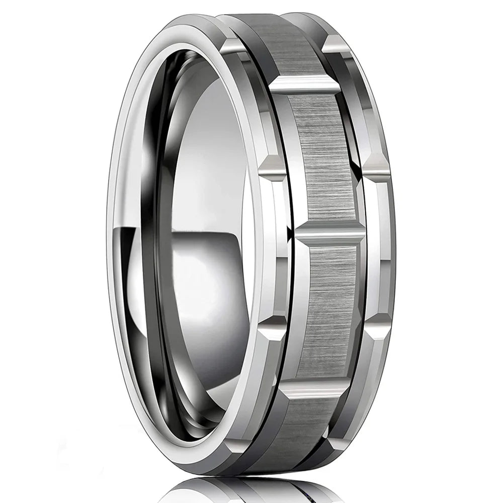 8MM Modern Stainless Steel Men's Wedding Ring with Brushed Double Groove Design - Silver Color Jewelry Gift for Women