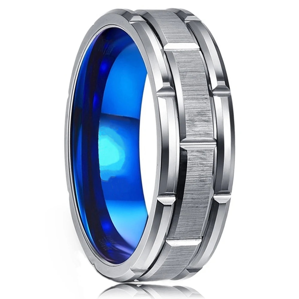 8MM Modern Stainless Steel Men's Wedding Ring with Brushed Double Groove Design - Silver Color Jewelry Gift for Women