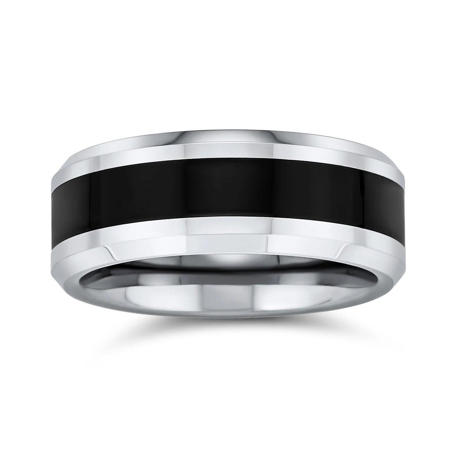 Mens Simple Two Tone Tungsten Wedding Band: Black Center Silver Beveled Edge Men'S Ring