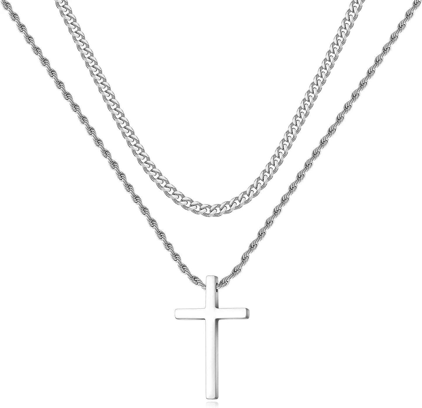 Men's Stainless Steel Cross Necklaces with Layered Cuban Link and Rope Chains, Available in Black, Silver, and Gold, Adjustable Lengths from 16 to 26 Inches