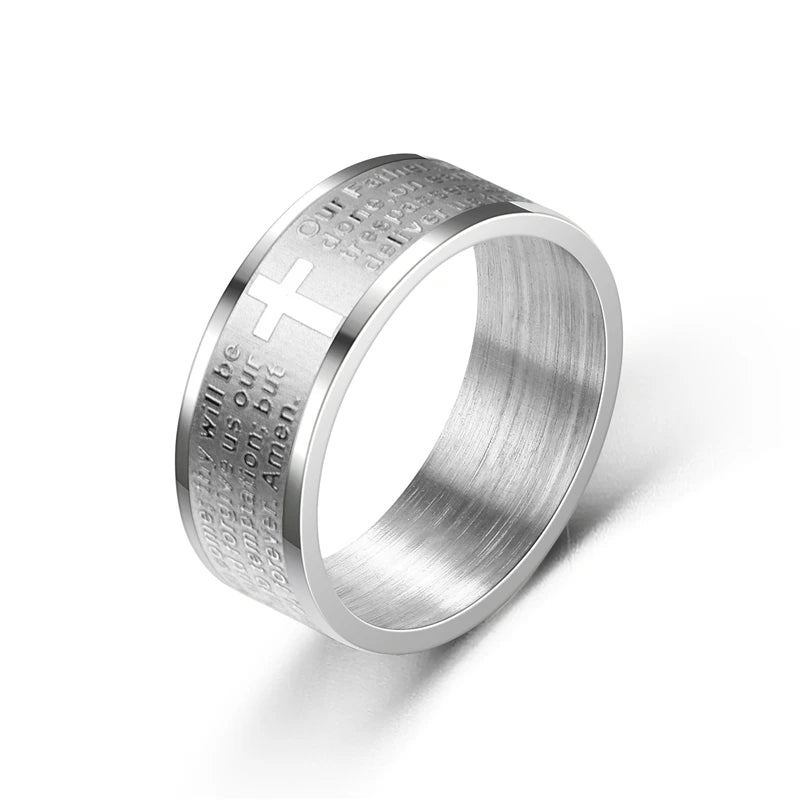 8mm Titanium Stainless Steel Lord's Prayer Ring for Men and Women - Christian Jewelry Featuring English Letters and Cross Design