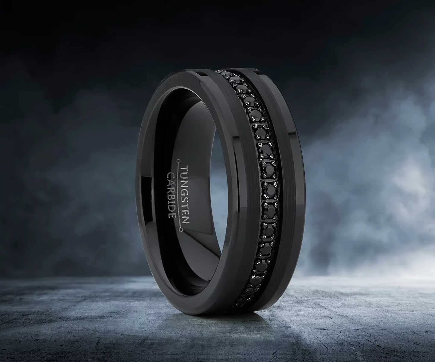 Men'S Genuine Tungsten Black Wedding Band Eternity Ring Cubic Zirconia Comfort-Fit