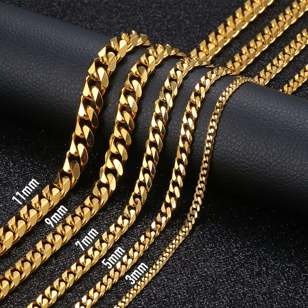 Men's Gold Plated Stainless Steel Cuban Curb Necklace, Available in 16"-30" Lengths and 3-11mm Widths