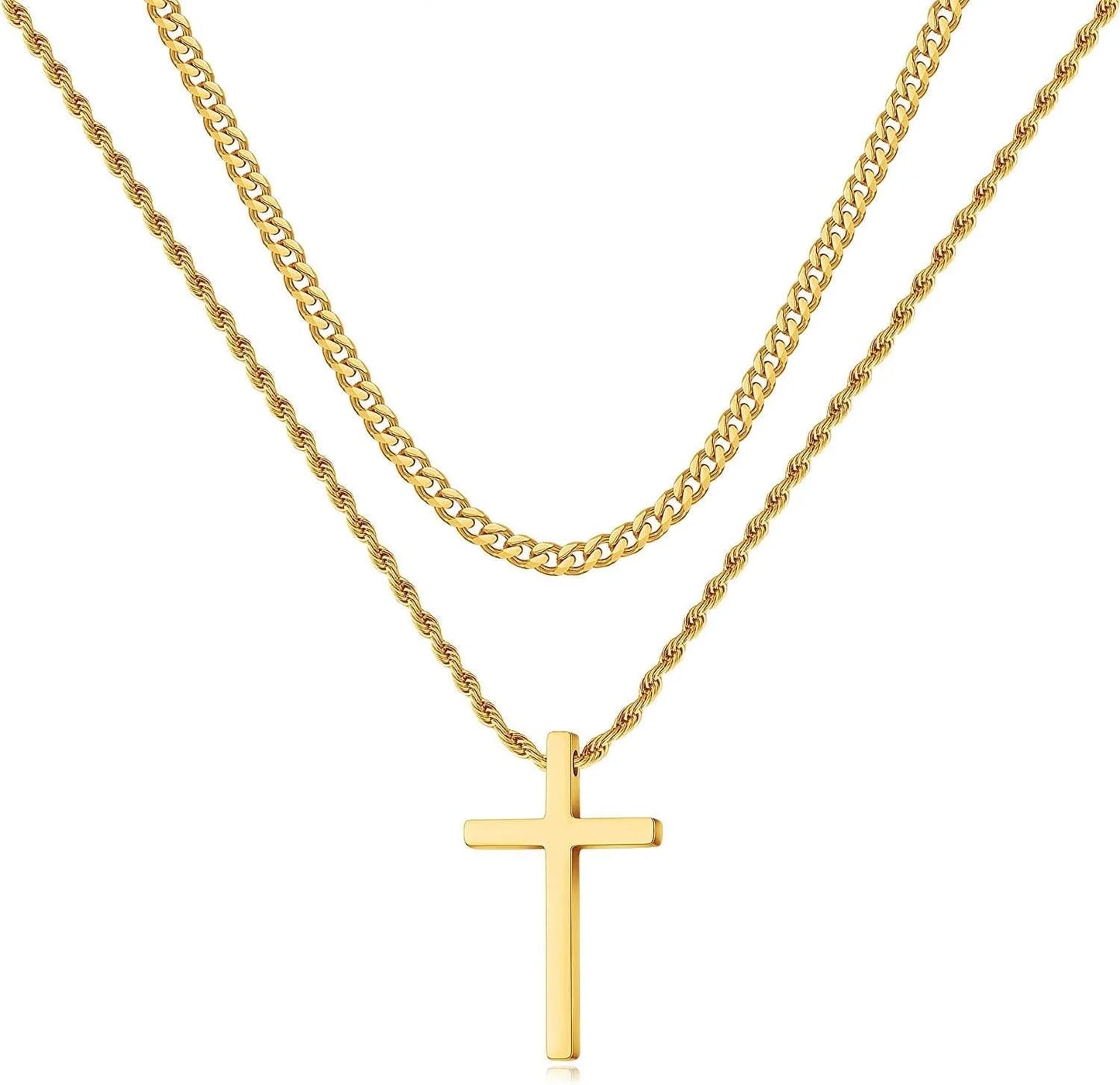 Men's Stainless Steel Cross Necklaces with Layered Cuban Link and Rope Chains, Available in Black, Silver, and Gold, 16-26 Inches