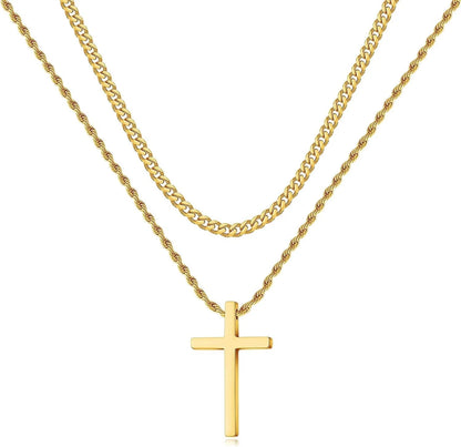 Men's Stainless Steel Cross Necklaces with Layered Cuban Link and Rope Chains, Available in Black, Silver, and Gold, 16-26 Inches