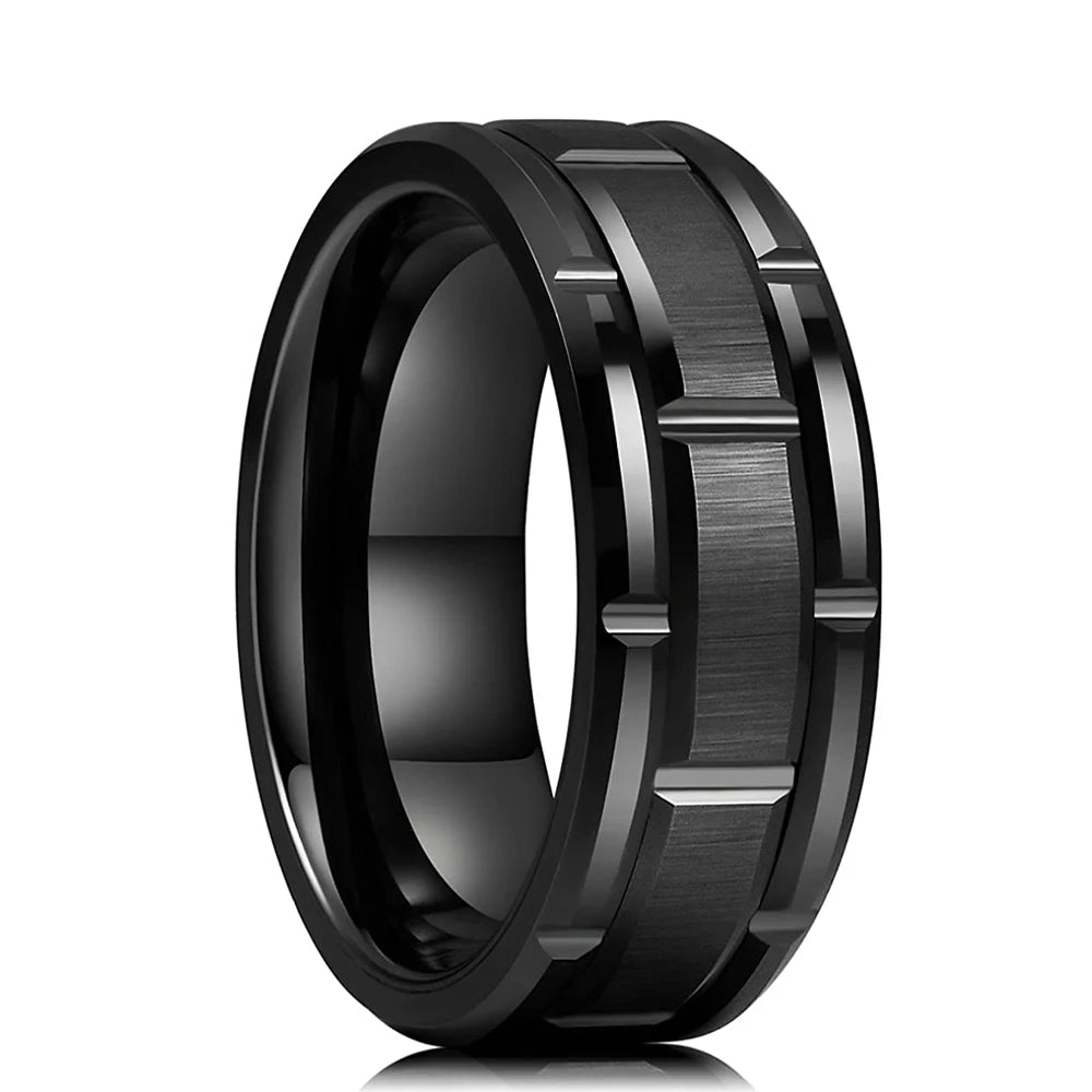 8MM Modern Stainless Steel Men's Wedding Ring with Brushed Double Groove Design - Silver Color Jewelry Gift for Women