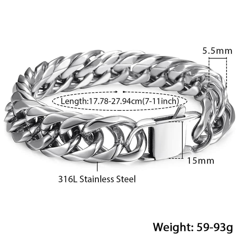 15mm Wide 8-Inch Curb Cuban Rombo Men's 316L Stainless Steel Chain Bracelet in Silver